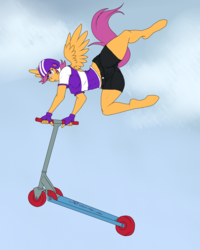 Size: 1200x1500 | Tagged: safe, artist:lurking tyger, scootaloo, pegasus, anthro, unguligrade anthro, g4, clothes, female, fingerless gloves, gloves, helmet, midriff, older, scooter, shorts, solo, stunt, trick