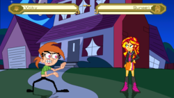 Size: 640x360 | Tagged: safe, artist:toonalexsora007, sunset shimmer, equestria girls, g4, belly button, boots, clothes, crossover, hand on hip, high heel boots, house, jacket, leather jacket, midriff, mugen, night, skirt, the fairly oddparents, vicky