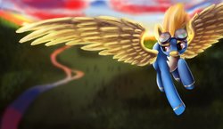 Size: 1172x681 | Tagged: safe, artist:ninatvpk, spitfire, g4, clothes, female, flying, goggles, large wings, solo, uniform, wings, wonderbolts, wonderbolts uniform