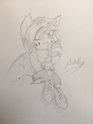 Size: 1024x1365 | Tagged: safe, artist:adetuddymax, oc, oc only, oc:ashley, bat pony, pony, clothes, female, request, requested art, solo, traditional art