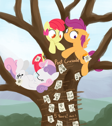 Size: 1920x2160 | Tagged: safe, artist:dtcx97, apple bloom, scootaloo, sweetie belle, earth pony, pegasus, pony, unicorn, post-crusade, alternate cutie mark, anniversary, cutie mark crusaders, female, filly, foal, glasses, hooves, horn, sleeping, tree, wings