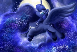 Size: 2039x1377 | Tagged: safe, artist:oofycolorful, princess luna, alicorn, pony, g4, female, flying, moon, night, solo