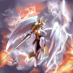 Size: 1680x1680 | Tagged: safe, artist:foxwhee, commander hurricane, rainbow dash, anthro, unguligrade anthro, g4, armor, breastplate, breasts, cloud, female, flying, helmet, lance, large wings, lightning, open mouth, scar, serious, serious face, solo, weapon