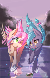 Size: 770x1190 | Tagged: safe, artist:kawaiipony2, oc, oc only, oc:sonar, oc:sweet skies, bat pony, pegasus, pony, braid, cloud, commission, cute, fangs, female, looking at each other, mare, one eye closed, open mouth, pigtails, raised hoof, sky, smiling, splash, water, wink