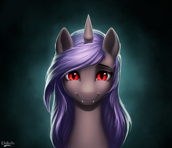 Size: 1600x1378 | Tagged: safe, artist:l1nkoln, oc, oc only, oc:nightdancer, bat pony, bat pony unicorn, hybrid, pony, unicorn, commission, fangs, female, gradient background, looking at you, mare, red eyes, signature, slit pupils, smiling, solo