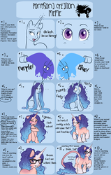 Size: 1400x2200 | Tagged: safe, artist:askbubblelee, oc, oc only, oc:lollipop, pony, unicorn, ..., bipedal, covering, creation, cute, dialogue, embarrassed, eyes closed, female, glasses, gradient mane, long tail, looking back, mare, meme, monochrome, ocbetes, paint, ponysona, raised hoof, shy, sitting, smiling, solo, unshorn fetlocks