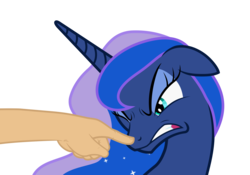 Size: 1758x1230 | Tagged: safe, artist:grypher, princess luna, human, pony, g4, angry, boop, bust, floppy ears, hand, non-consensual booping, offscreen character, simple background, this will end in tears and/or death, transparent background