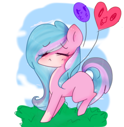 Size: 1602x1646 | Tagged: safe, artist:windymils, oc, oc only, oc:melody amity, earth pony, pony, balloon, chibi, eyes closed, female, mare, solo