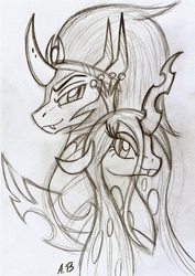 Size: 1119x1583 | Tagged: safe, artist:rossmaniteanzu, king sombra, queen chrysalis, changeling, changeling queen, pony, unicorn, g4, antagonist, crown, fangs, female, jewelry, male, monochrome, regalia, ship:chrysombra, shipping, sketch, straight, traditional art, unholy matrimony