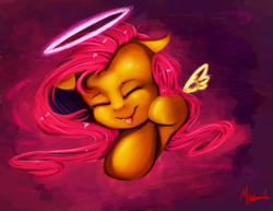 Size: 1400x1080 | Tagged: safe, artist:miokomata, fluttershy, bat pony, pegasus, pony, g4, cute, eyes closed, fangs, female, flutterbat, halo, mare, race swap, shyabetes, signature, smiling, solo, tongue out