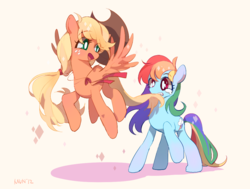 Size: 1085x822 | Tagged: safe, artist:dusty-munji, applejack, rainbow dash, earth pony, pegasus, pony, g4, backwards cutie mark, biting, cowboy hat, cute, dashabetes, duo, earth pony rainbow dash, female, flapplejack, flying, hat, jackabetes, lesbian, looking back, mare, open mouth, race swap, raised hoof, ship:appledash, shipping, simple background, smiling, spread wings, stetson, tail bite, tail pull, wings