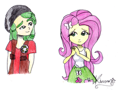Size: 773x569 | Tagged: safe, artist:lovelygirlmusicer, fluttershy, sandalwood, equestria girls, g4, clothes, cute, female, male, sandalshy, shipping, skirt, straight, tank top, traditional art