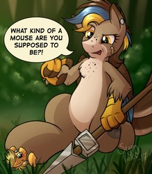 Size: 1120x1280 | Tagged: safe, artist:sugaryviolet, oc, oc only, oc:gertrude, oc:paige, hippogriff, blushing, forest, hoof fetish, hooves, kneeling, micro, pinned, spear, speech bubble, weapon