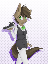 Size: 811x1080 | Tagged: safe, artist:rainbro-stache, oc, oc only, oc:mocha breve, bat pony, anthro, abstract background, anthro oc, bat pony oc, clothes, female, mare, side slit, solo, stockings, thigh highs, waitress