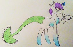 Size: 1024x667 | Tagged: safe, artist:anxiouslilnerd, oc, oc only, butterfly, cyclops, earth pony, pony, venus flytrap, closed species, freckles, male, simple background, solo, stallion, traditional art