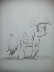 Size: 3120x4160 | Tagged: safe, artist:php142, derpy hooves, pegasus, pony, g4, female, food, high res, looking at you, monochrome, muffin, shading, solo, traditional art