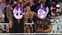 Size: 2160x1215 | Tagged: safe, starlight glimmer, twilight sparkle, g4, bad cropping, c:, comments locked down, discussion in the comments, drama, faic, grin, nervous, roman reigns, royal rumble, smiling, squee, starlight drama, the rock, wat, wide eyes, wrestling conversation in the comments, wwe