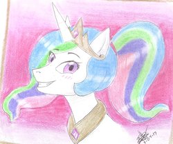 Size: 1024x855 | Tagged: safe, artist:victoriadhis, princess celestia, alicorn, pony, g4, alternate hairstyle, blushing, crown, female, jewelry, looking at you, mare, peytral, ponytail, regalia, simple background, smiling, solo, traditional art