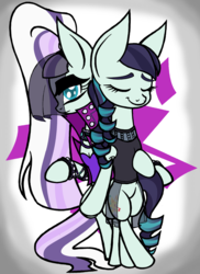 Size: 2913x4000 | Tagged: safe, artist:enzomersimpsons, coloratura, earth pony, pony, g4, back to back, big ears, bipedal, clothes, countess coloratura, eyes closed, rara, self ponidox, smiling