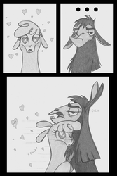 Size: 1242x1860 | Tagged: safe, artist:lockerobster, paprika (tfh), alpaca, llama, them's fightin' herds, blushing, comic, community related, crack shipping, crossover, crossover shipping, cute, disney, drool, emperor kuzco, floppy ears, fluffy, grayscale, heart, heart eyes, hug, joke shipping, kuzco, monochrome, one sided shipping, paprico, shipping, sigh, simple background, the emperor's new groove, white background, wingding eyes