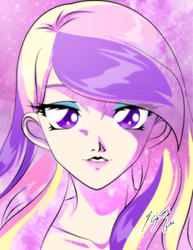 Size: 2153x2786 | Tagged: safe, artist:shinta-girl, princess cadance, human, g4, abstract background, bedroom eyes, eyelashes, eyeshadow, female, grin, high res, humanized, lipstick, looking at you, makeup, smiling, solo