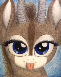 Size: 1080x1364 | Tagged: safe, artist:thefriendlyelephant, oc, oc only, oc:uganda, antelope, giant sable antelope, animal in mlp form, bust, close-up, cute, horns, lidded eyes, looking at you, solo, tongue out, traditional art