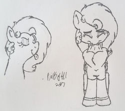 Size: 1775x1570 | Tagged: safe, artist:binkyt11, derpibooru exclusive, oc, oc only, oc:duck badge, pony, derpibooru, chest fluff, clothes, derpibooru ponified, eyes closed, eyeshadow, makeup, meta, monochrome, ponified, sneezing, socks, solo, tongue out, traditional art