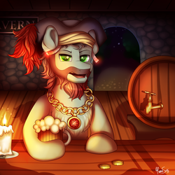 Size: 2000x2000 | Tagged: safe, artist:confetticakez, oc, oc only, earth pony, pony, alcohol, beard, candle, facial hair, gem, high res, jewelry, male, necklace, pirate, ruby, solo, stallion, tavern