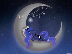 Size: 1920x1440 | Tagged: safe, artist:blossom-wish, princess luna, alicorn, pony, g4, dreamcatcher, eyes closed, female, moon, pillow, prone, sleeping, solo, tangible heavenly object