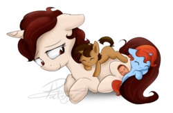 Size: 3056x1988 | Tagged: safe, artist:pucksterv, oc, oc only, oc:panic moon, oc:strawberry swing, pony, unicorn, chris martin, female, foal, mare, simple background, transparent background, trio