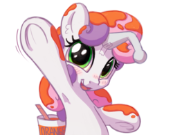 Size: 1200x933 | Tagged: safe, artist:bobdude0, sweetie belle, pony, unicorn, g4, armpits, blushing, cute, diasweetes, fake horn, female, filly, hnnng, looking at you, messy, open mouth, paint in hair, paint on fur, painting, reddit, simple background, smiling, snoo, solo, transparent background, underhoof, waving