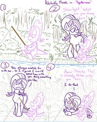 Size: 1280x1611 | Tagged: safe, artist:adorkabletwilightandfriends, spike, starlight glimmer, dragon, pony, unicorn, comic:adorkable twilight and friends, g4, adorkable friends, comic, fishing, fishing rod, forest, holding tails, lineart, slice of life, tail