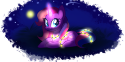 Size: 1280x640 | Tagged: dead source, safe, artist:wubcakeva, lily lightly, pony, unicorn, g3, blue eyes, cute, female, full moon, glowing horn, horn, lights, lily cutely, looking back, mare, moon, night, prone, shooting star, smiling, solo, stars