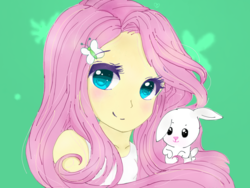 Size: 1024x768 | Tagged: safe, artist:pinkflutter, angel bunny, fluttershy, equestria girls, g4, clothes, colored pupils, green background, looking at you, simple background, tank top