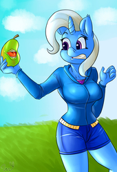 Size: 1062x1563 | Tagged: safe, artist:passigcamel, trixie, unicorn, anthro, g4, biting pear of salamanca, breasts, busty trixie, clothes, cloud, equestria girls outfit, female, food, grass, hoodie, mare, meme, open mouth, pear, sky, sweater