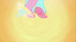 Size: 1100x618 | Tagged: safe, screencap, fluttershy, equestria girls, g4, my little pony equestria girls, abstract background, boots, high heel boots, ponied up, ponytail, solo, sparkles, transformation, transformation sequence