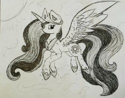 Size: 2992x2347 | Tagged: safe, artist:jroxs12pone, princess celestia, alicorn, pony, g4, crown, female, flying, high res, jewelry, mare, peytral, regalia, solo, spread wings, traditional art, wings