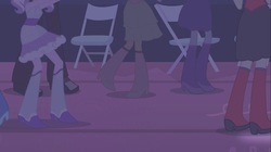 Size: 1100x618 | Tagged: safe, screencap, diamond tiara, mystery mint, scribble dee, sophisticata, teddy t. touchdown, equestria girls, g4, my little pony equestria girls, boots, chair, clothes, confetti, fall formal, fall formal outfits, high heel boots, legs, pictures of legs, raised leg, rear view, shoes, sneakers, this is our big night