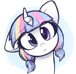 Size: 839x811 | Tagged: source needed, safe, artist:moozua, oc, oc only, oc:lorelei, pony, unicorn, bust, crooked horn, cute, female, frown, head tilt, horn, looking at you, mare, solo