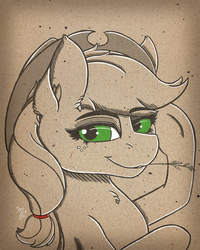 Size: 1200x1500 | Tagged: safe, artist:midnightsix3, applejack, earth pony, pony, g4, cowboy hat, female, freckles, green eyes, hat, mare, monochrome, simple background, smiling, solo, stetson