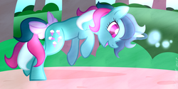Size: 1024x512 | Tagged: dead source, safe, artist:wubcakeva, fizzy, pony, unicorn, g1, bow, bubble, cute, female, fizzybetes, glowing horn, horn, magic, mare, open mouth, raised hoof, smiling, solo, sweet dreams fuel, tail bow, tree