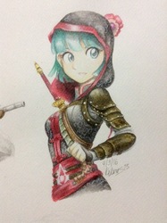 Size: 1936x2592 | Tagged: safe, artist:kvorias23, coco pommel, human, g4, assassin's creed, clothes, crossover, female, hoodie, humanized, shao jun, signature, simple background, solo, traditional art, weapon