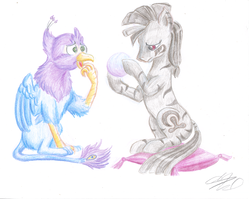 Size: 3392x2704 | Tagged: source needed, safe, artist:artiselle, oc, oc only, oc:gypsy, oc:gyro feather, oc:gyro tech, griffon, zebra, crystal ball, griffonized, high res, pillow, simple background, species swap, traditional art, white background