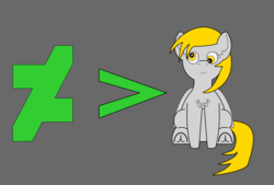 Size: 1020x691 | Tagged: safe, artist:planetkiller, derpy hooves, pegasus, pony, g4, chest fluff, deviantart, ear fluff, female, gray background, greater than, mare, simple background, sitting, smiling, solo, underhoof