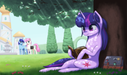 Size: 3921x2330 | Tagged: safe, artist:mrscroup, minuette, twilight sparkle, twinkleshine, pony, unicorn, g4, book, canterlot, crepuscular rays, cute, dappled sunlight, female, fountain, grass, high res, mare, open mouth, reading, saddle bag, sitting, smiling, tree, twiabetes