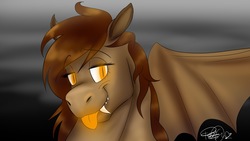 Size: 1920x1080 | Tagged: safe, artist:mythical-mare, oc, oc only, oc:yan, bat pony, pony, female, looking at you, solo, tongue out