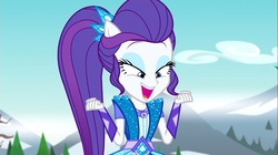 Size: 1100x618 | Tagged: safe, screencap, rarity, equestria girls, g4, my little pony equestria girls: legend of everfree, bedroom eyes, crystal guardian, female, jewelry, mountain, ponied up, solo, sparkles, super ponied up, tree