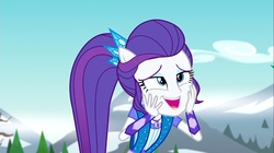 Size: 1100x618 | Tagged: safe, screencap, rarity, equestria girls, g4, my little pony equestria girls: legend of everfree, bedroom eyes, crystal guardian, female, jewelry, mountain, ponied up, solo, sparkles, tree