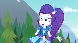 Size: 1100x618 | Tagged: safe, screencap, rarity, equestria girls, g4, my little pony equestria girls: legend of everfree, bedroom eyes, crystal guardian, female, jewelry, mountain, ponied up, solo, sparkles, super ponied up, tree