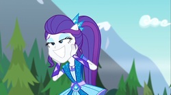 Size: 1100x618 | Tagged: safe, screencap, rarity, equestria girls, g4, my little pony equestria girls: legend of everfree, bedroom eyes, crystal guardian, female, jewelry, mountain, ponied up, solo, sparkles, super ponied up, tree